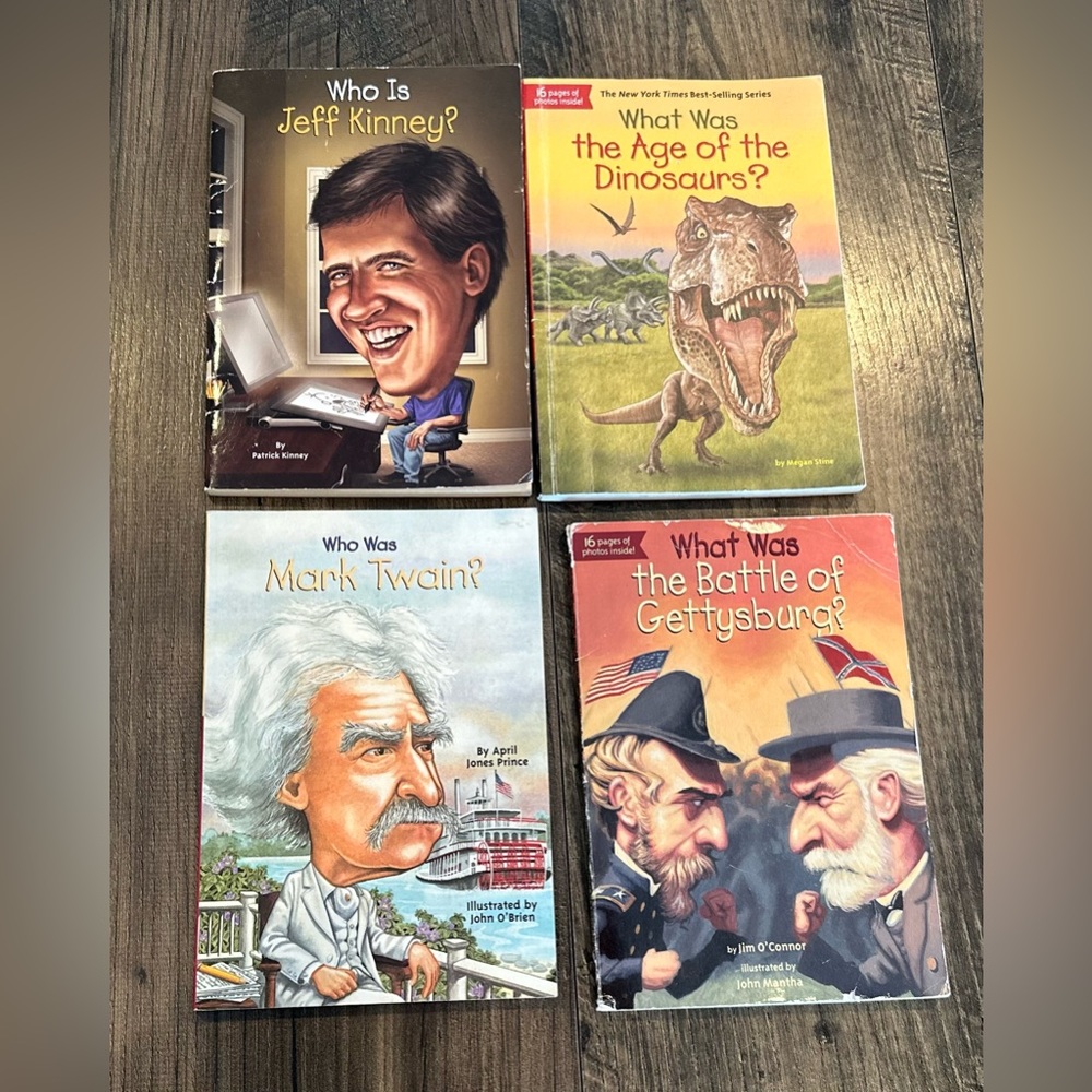 Book Lot of 4 Who Is, Who Was, What Was books, Kinney, Twain Dinosaur Gettysburg